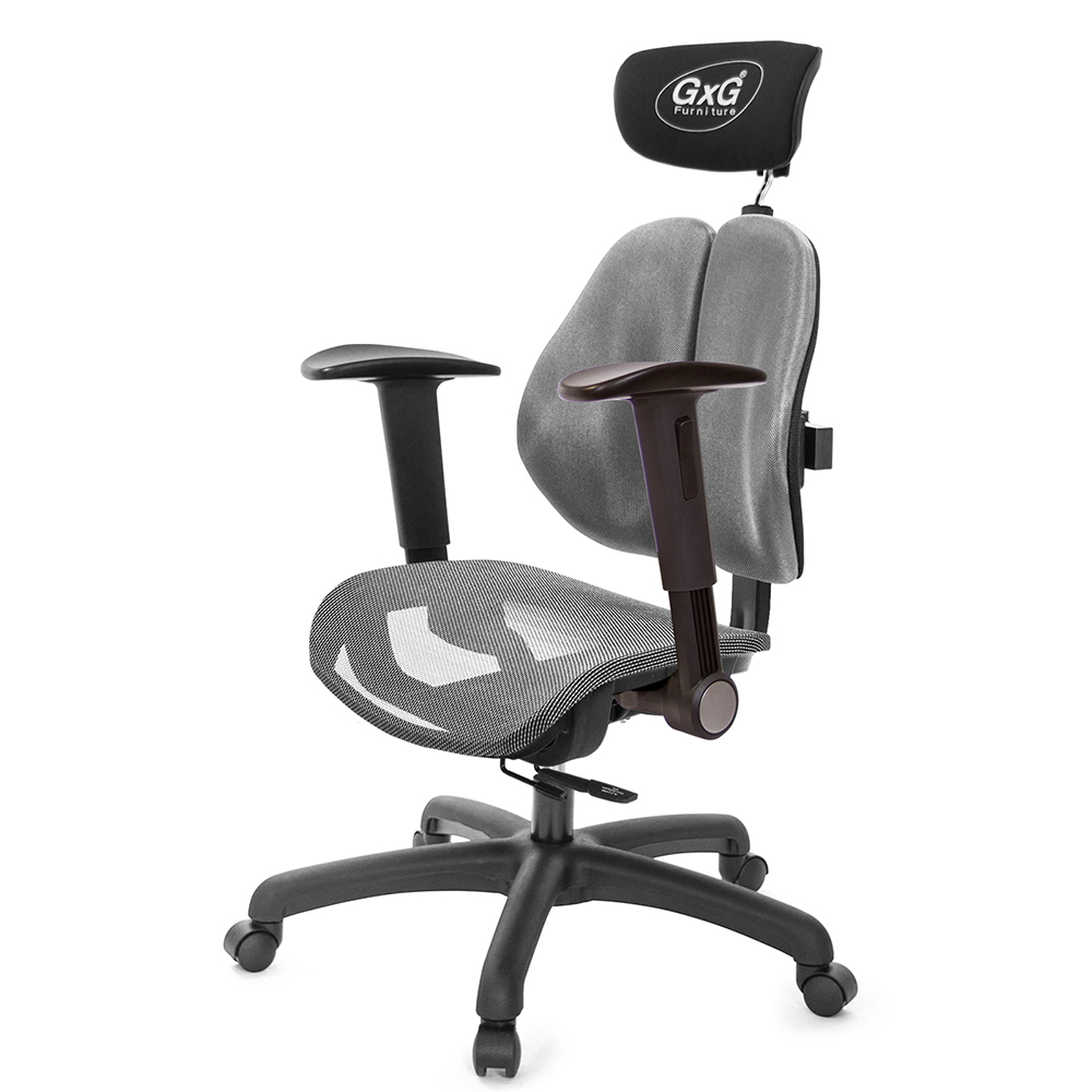 GXG 雙軸枕 雙背工學椅(摺疊升降扶手) 中灰網座 型號2706 EA1