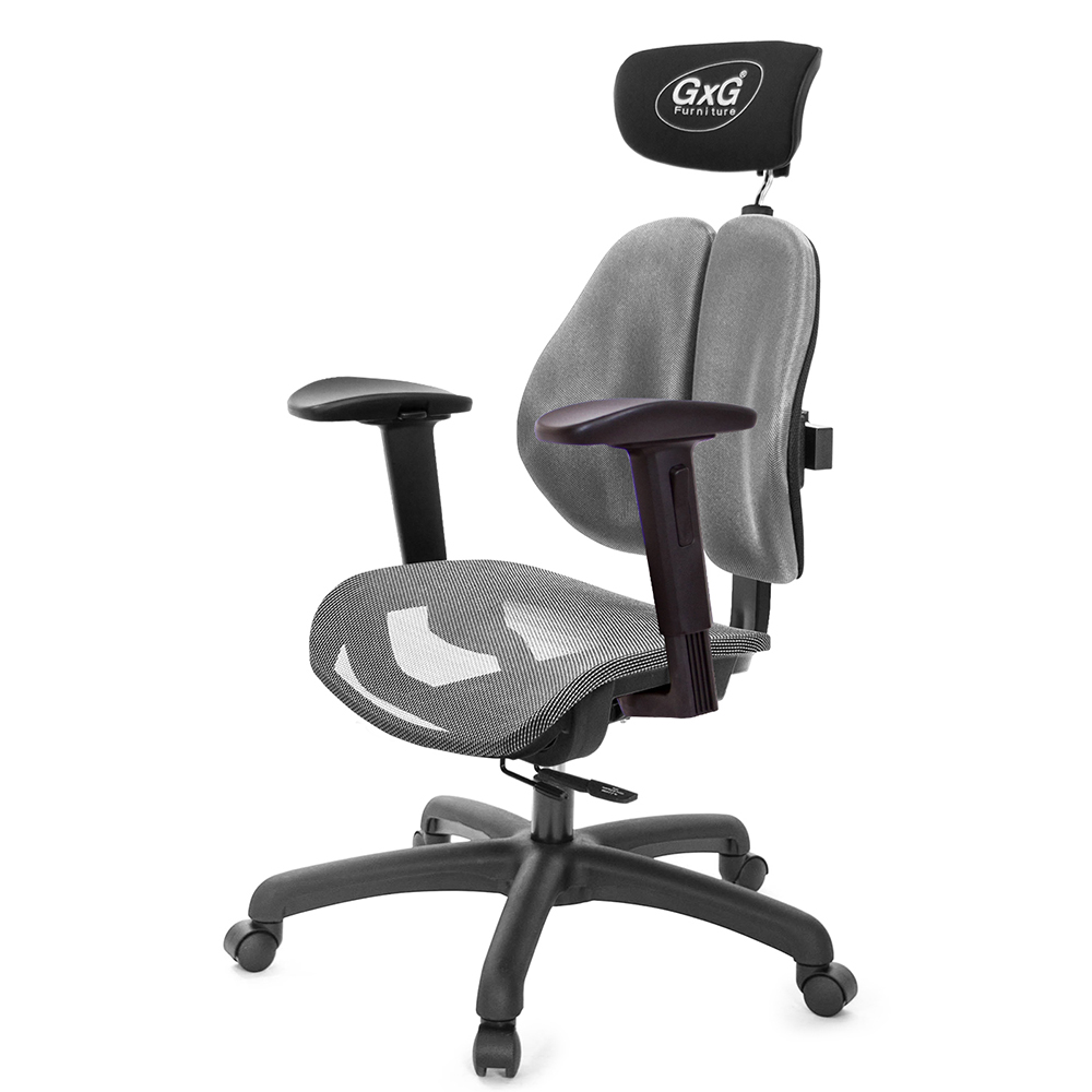 GXG 雙軸枕 雙背工學椅(2D滑面升降扶手) 中灰網座 型號2706 EA2J