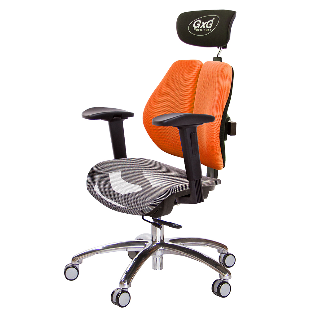 GXG 雙軸枕 雙背工學椅(鋁腳/2D滑面升降扶手) 中灰網座 型號2706 LUA2J