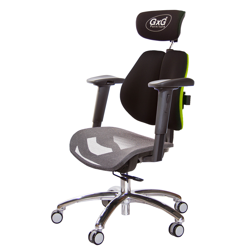 GXG 雙軸枕 雙背工學椅(鋁腳/2D手遊休閒扶手) 中灰網座 型號2706 LUA2JM
