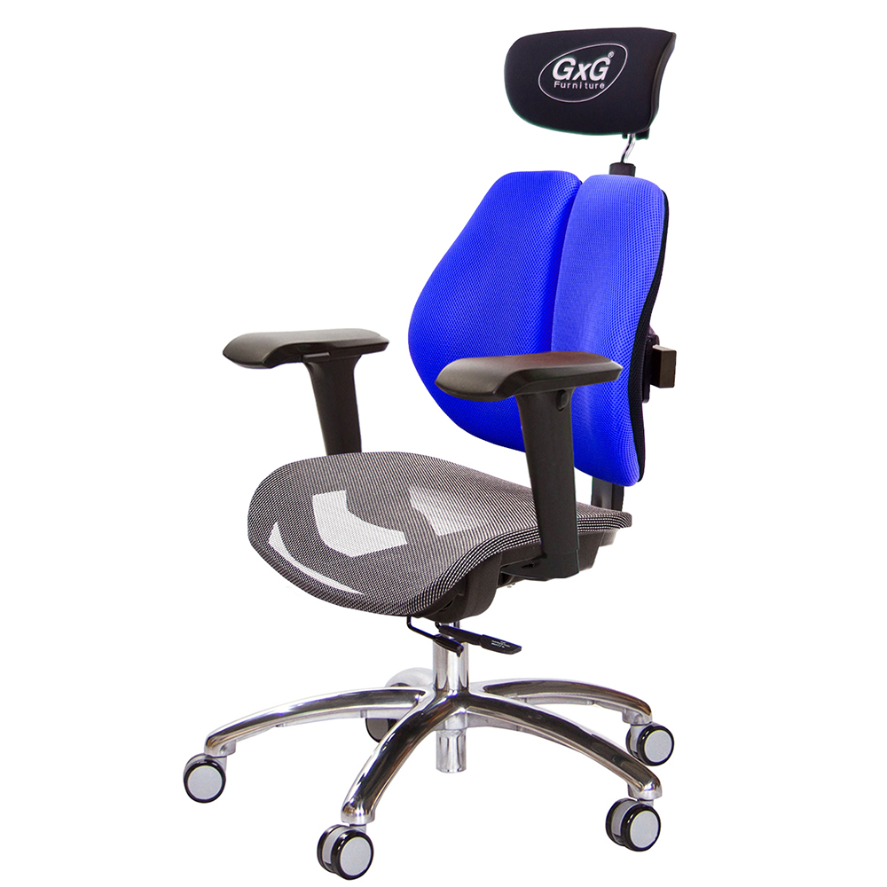 GXG 雙軸枕 雙背工學椅(鋁腳/4D升降扶手) 中灰網座 型號2706 LUA3