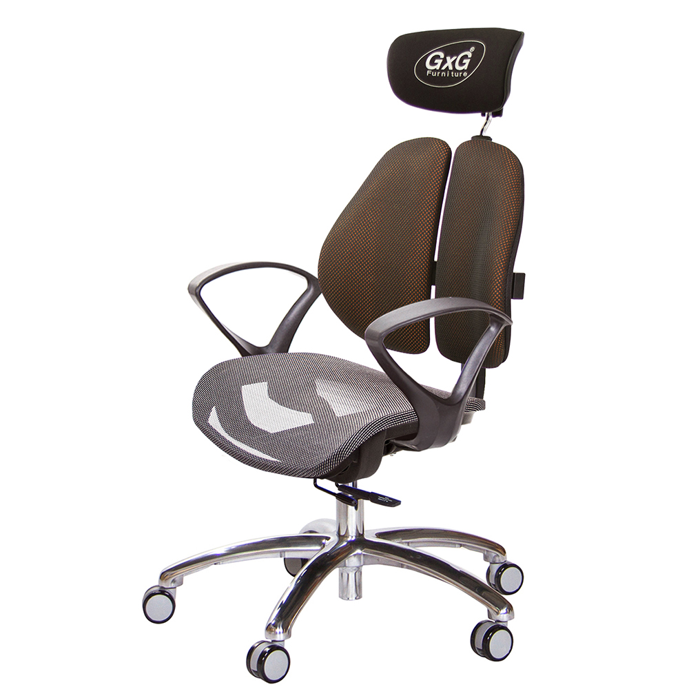GXG 雙軸枕 雙背工學椅(鋁腳/D字扶手) 中灰網座 型號2706 LUA4