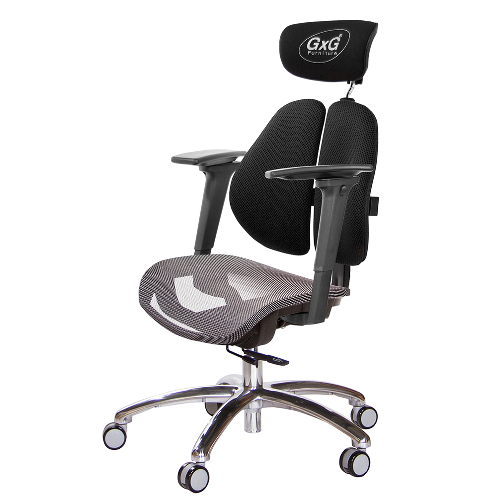 GXG 雙軸枕 雙背工學椅(鋁腳/3D手遊休閒扶手) 中灰網座 型號2706 LUA9M