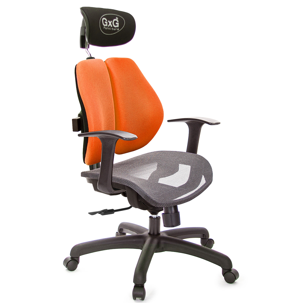 GXG 雙軸枕 雙背電腦椅(T字扶手) 中灰網座 型號2704 EA