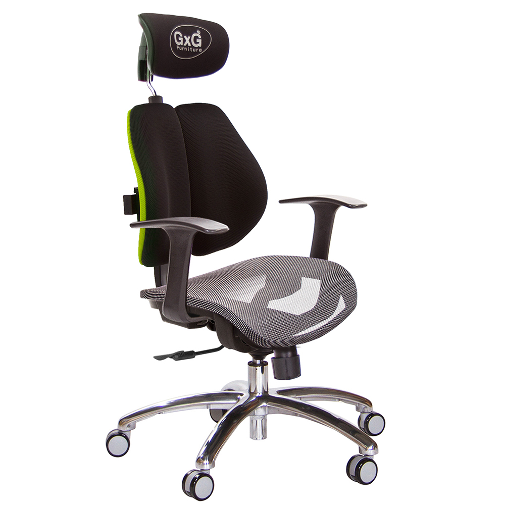 GXG 雙軸枕 雙背電腦椅(鋁腳/T字扶手) 中灰網座 型號2704 LUA