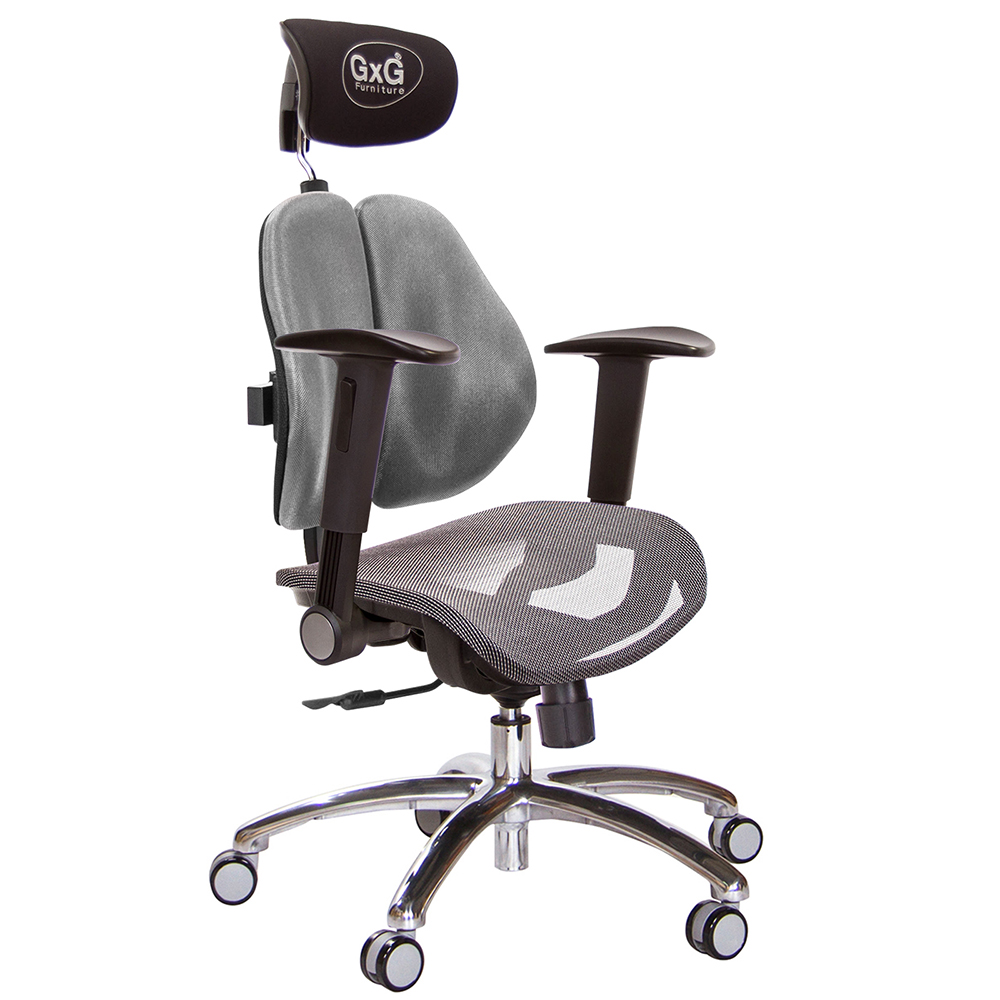 GXG 雙軸枕 雙背電腦椅(鋁腳/摺疊升降扶手) 中灰網座 型號2704 LUA1