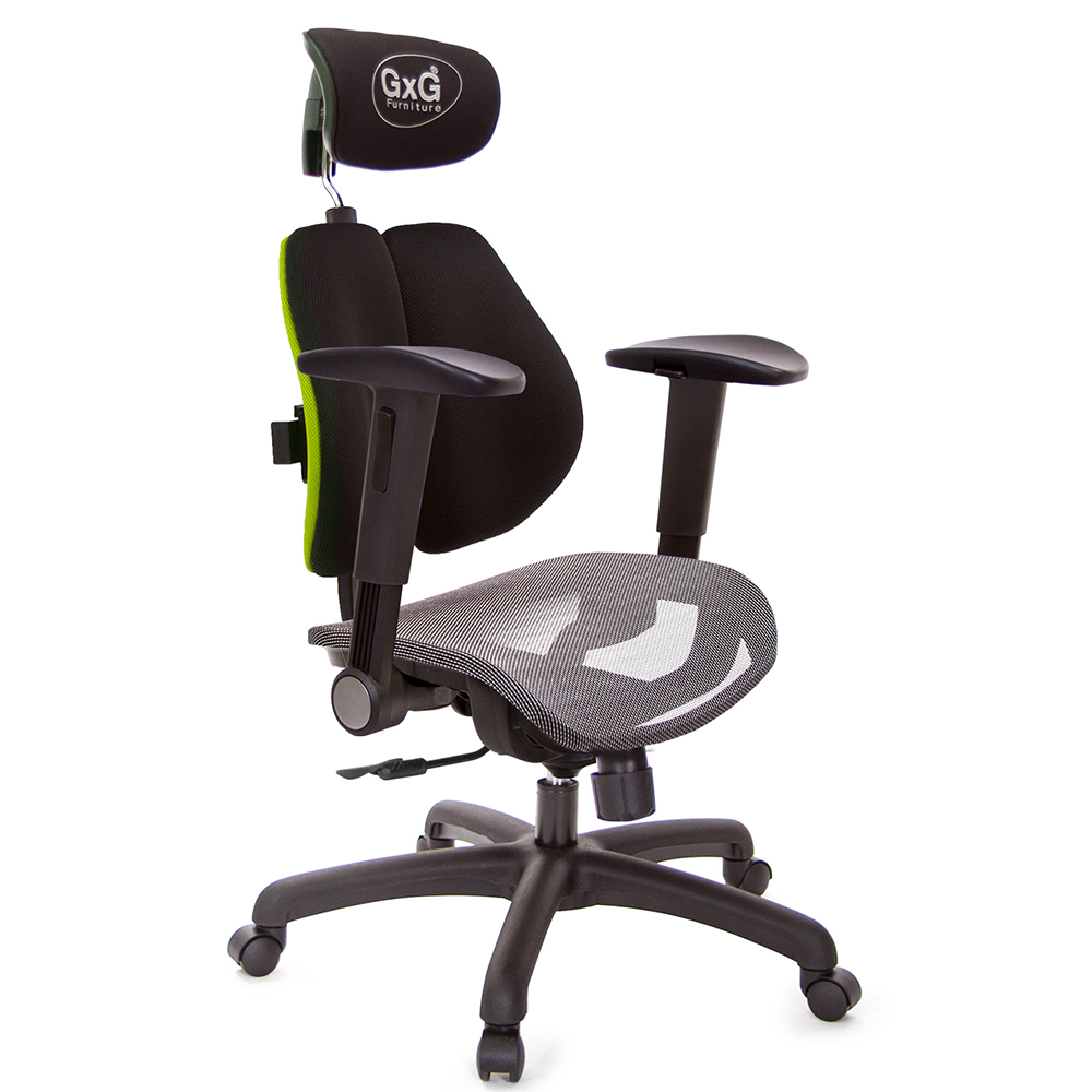 GXG 雙軸枕 雙背電腦椅(摺疊滑面扶手) 中灰網座 型號2704 EA1J