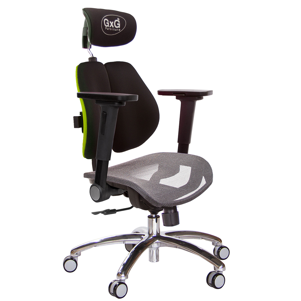GXG 雙軸枕 雙背電腦椅(鋁腳/4D平面摺疊手) 中灰網座 型號2704 LUA1H