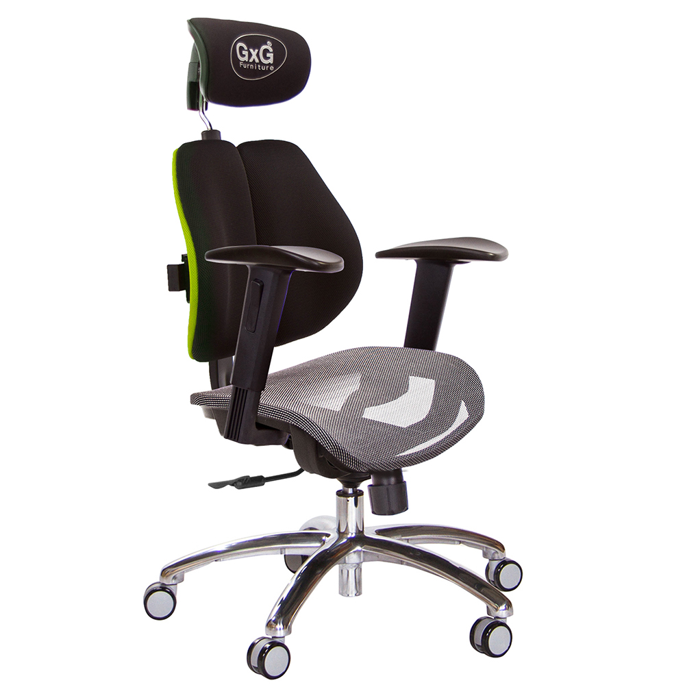 GXG 雙軸枕 雙背電腦椅(鋁腳/2D升降扶手) 中灰網座 型號2704 LUA2